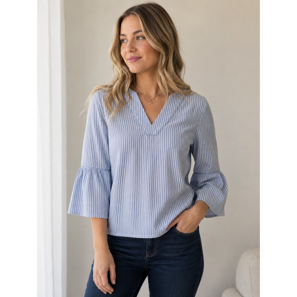 Old Navy Womens S Blue White Striped V Neck Blouse 3/4 Bell Sleeve Coastal